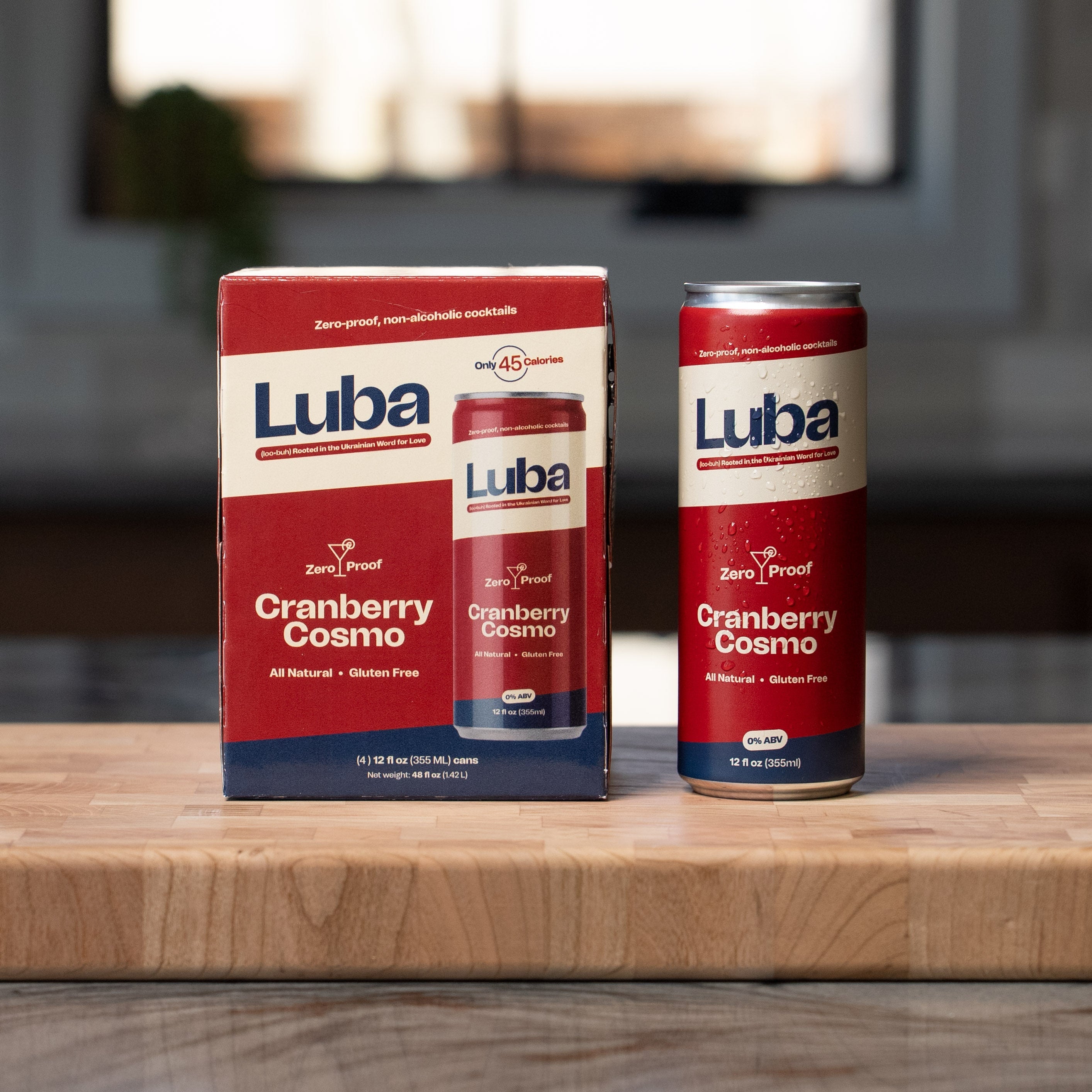 Luba Cranberry Cosmo Can and Box in a kitchen