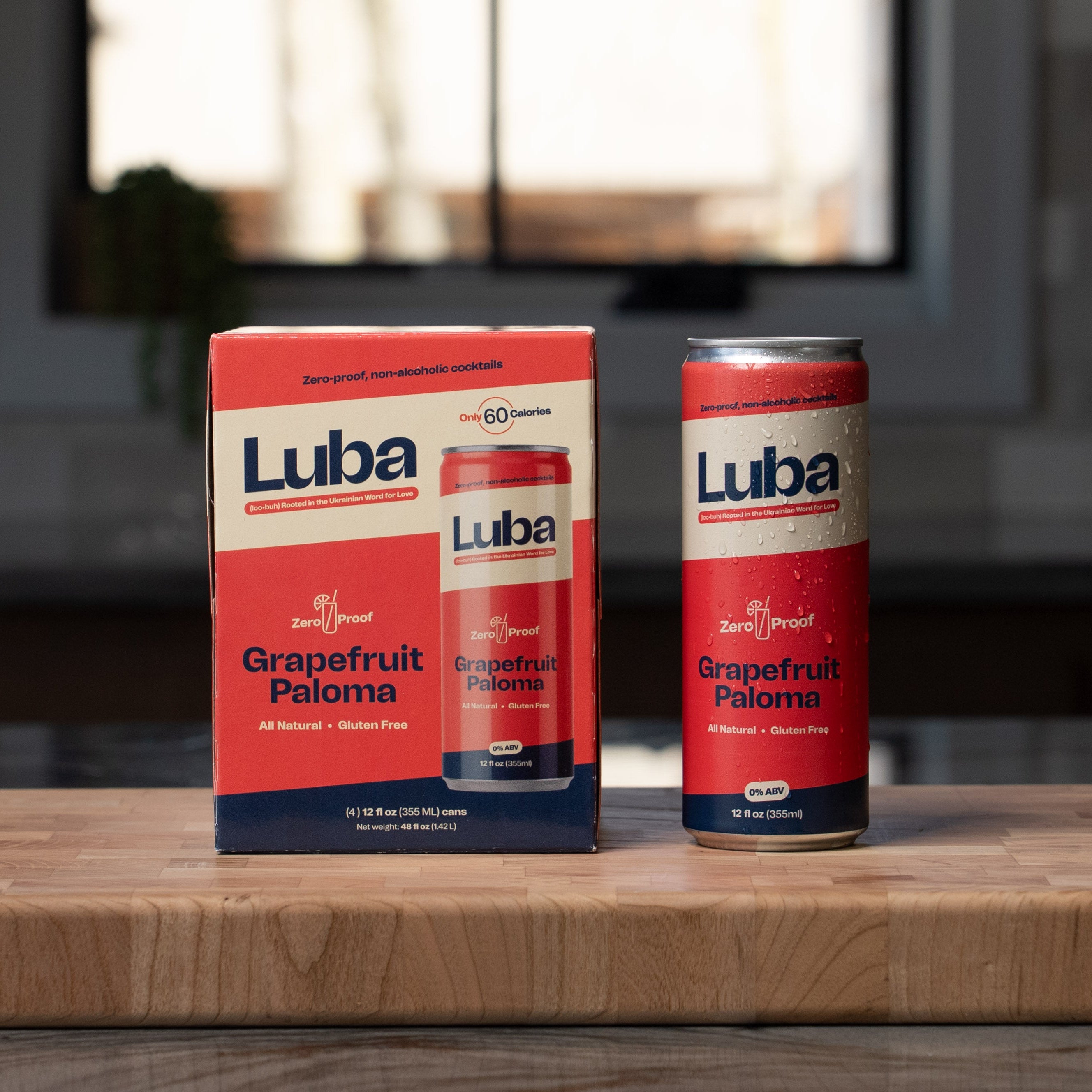 Luba Grapefruit Paloma can and box in a kitchen