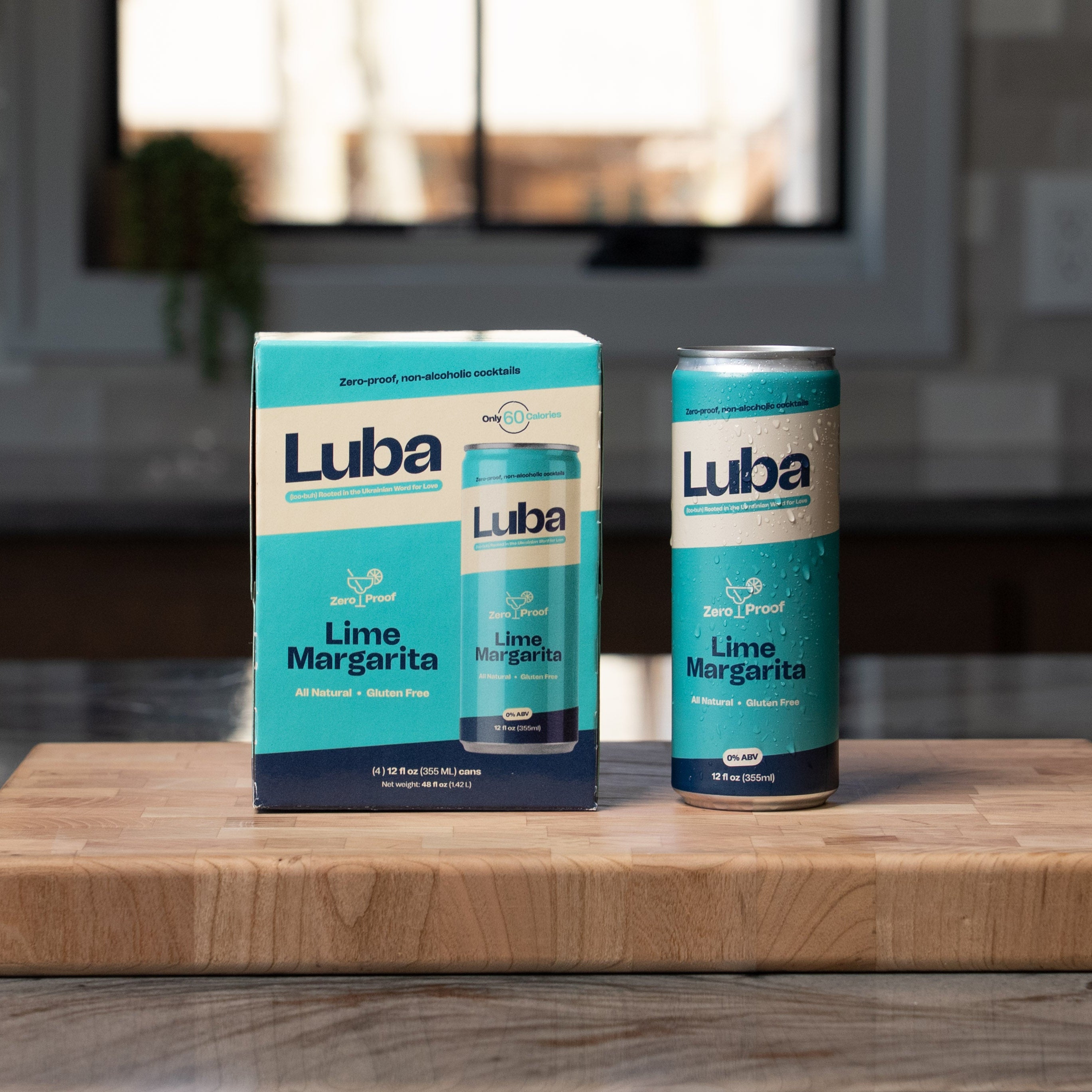 Luba Lime Margarita can and box in a kitchen